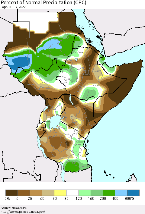 Eastern Africa Percent of Normal Precipitation (CPC) Thematic Map For 4/11/2022 - 4/17/2022