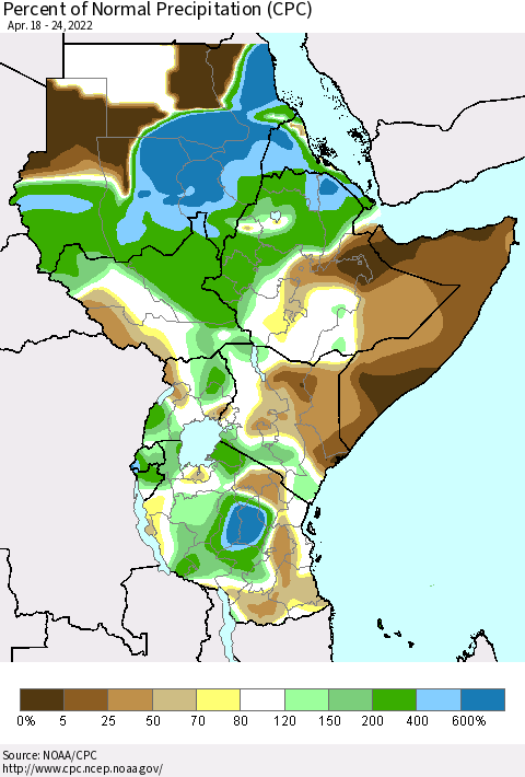 Eastern Africa Percent of Normal Precipitation (CPC) Thematic Map For 4/18/2022 - 4/24/2022