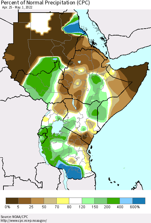 Eastern Africa Percent of Normal Precipitation (CPC) Thematic Map For 4/25/2022 - 5/1/2022