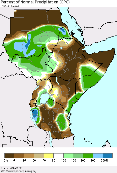 Eastern Africa Percent of Normal Precipitation (CPC) Thematic Map For 5/2/2022 - 5/8/2022