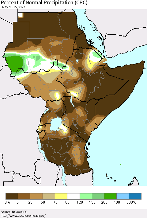 Eastern Africa Percent of Normal Precipitation (CPC) Thematic Map For 5/9/2022 - 5/15/2022