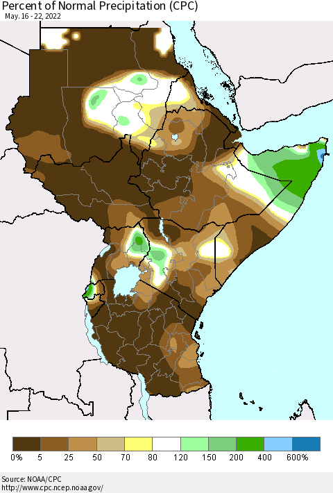 Eastern Africa Percent of Normal Precipitation (CPC) Thematic Map For 5/16/2022 - 5/22/2022