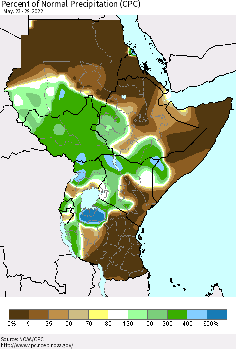 Eastern Africa Percent of Normal Precipitation (CPC) Thematic Map For 5/23/2022 - 5/29/2022