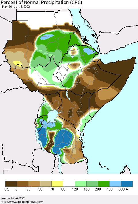 Eastern Africa Percent of Normal Precipitation (CPC) Thematic Map For 5/30/2022 - 6/5/2022