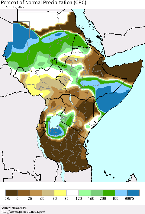 Eastern Africa Percent of Normal Precipitation (CPC) Thematic Map For 6/6/2022 - 6/12/2022