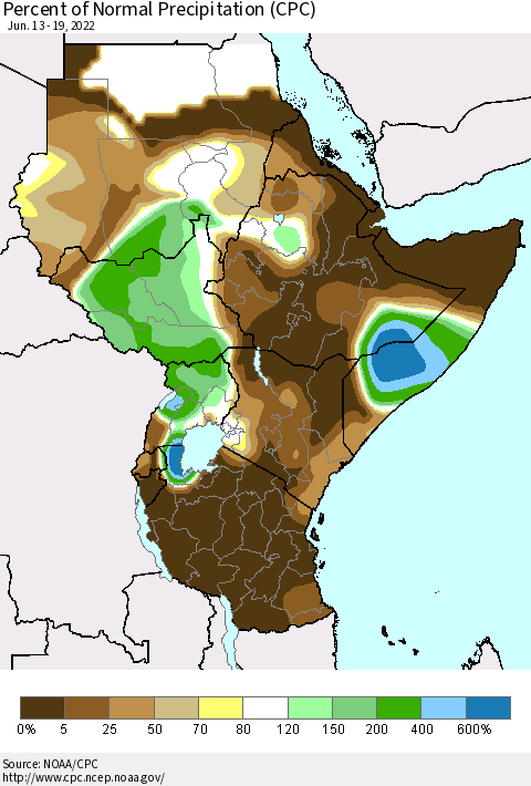Eastern Africa Percent of Normal Precipitation (CPC) Thematic Map For 6/13/2022 - 6/19/2022