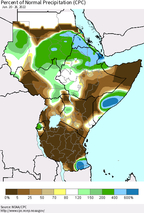 Eastern Africa Percent of Normal Precipitation (CPC) Thematic Map For 6/20/2022 - 6/26/2022