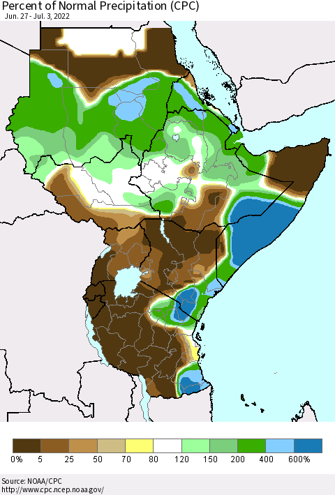 Eastern Africa Percent of Normal Precipitation (CPC) Thematic Map For 6/27/2022 - 7/3/2022