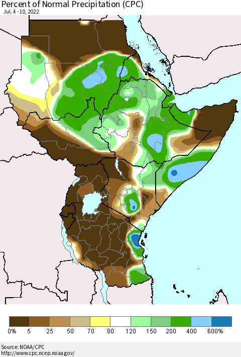 Eastern Africa Percent of Normal Precipitation (CPC) Thematic Map For 7/4/2022 - 7/10/2022