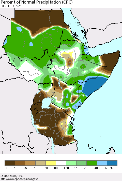 Eastern Africa Percent of Normal Precipitation (CPC) Thematic Map For 7/11/2022 - 7/17/2022