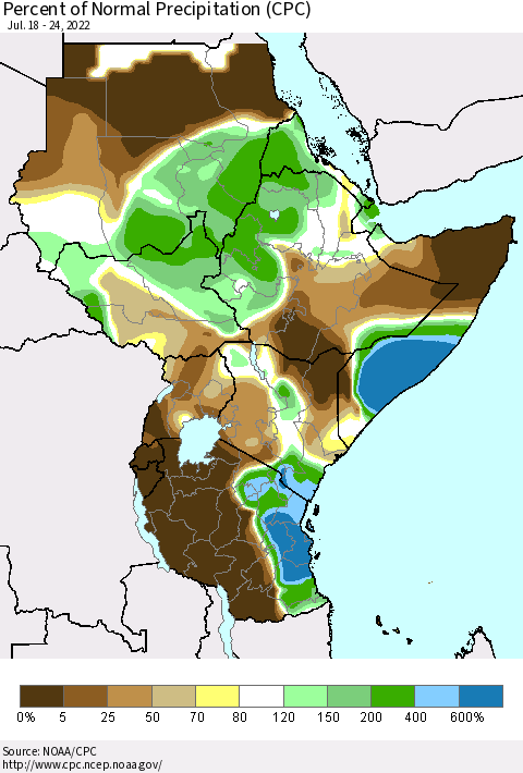 Eastern Africa Percent of Normal Precipitation (CPC) Thematic Map For 7/18/2022 - 7/24/2022
