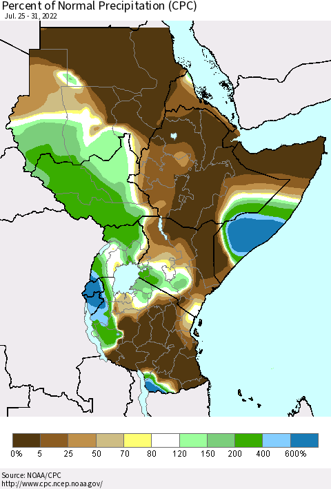 Eastern Africa Percent of Normal Precipitation (CPC) Thematic Map For 7/25/2022 - 7/31/2022