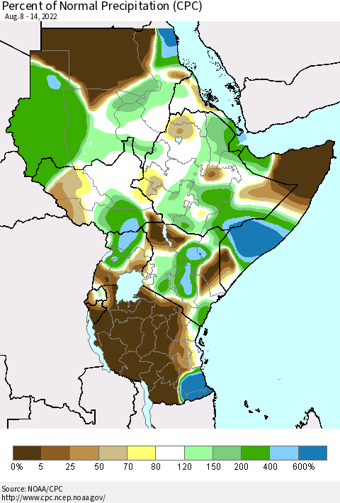 Eastern Africa Percent of Normal Precipitation (CPC) Thematic Map For 8/8/2022 - 8/14/2022
