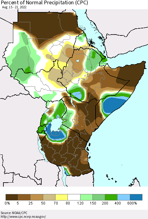 Eastern Africa Percent of Normal Precipitation (CPC) Thematic Map For 8/15/2022 - 8/21/2022