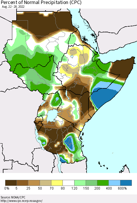 Eastern Africa Percent of Normal Precipitation (CPC) Thematic Map For 8/22/2022 - 8/28/2022