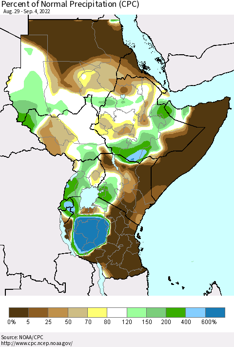 Eastern Africa Percent of Normal Precipitation (CPC) Thematic Map For 8/29/2022 - 9/4/2022