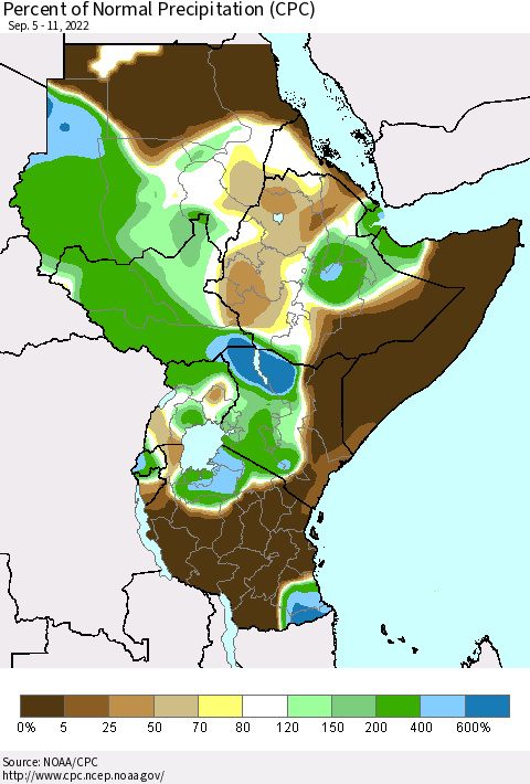 Eastern Africa Percent of Normal Precipitation (CPC) Thematic Map For 9/5/2022 - 9/11/2022