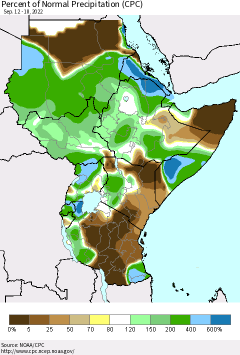 Eastern Africa Percent of Normal Precipitation (CPC) Thematic Map For 9/12/2022 - 9/18/2022