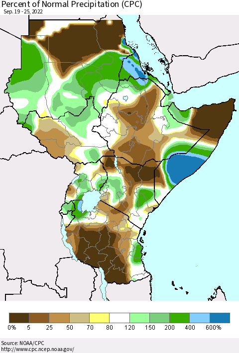 Eastern Africa Percent of Normal Precipitation (CPC) Thematic Map For 9/19/2022 - 9/25/2022