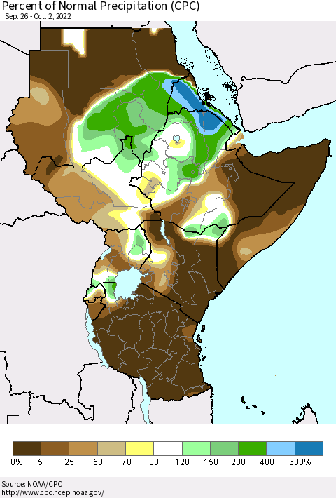Eastern Africa Percent of Normal Precipitation (CPC) Thematic Map For 9/26/2022 - 10/2/2022