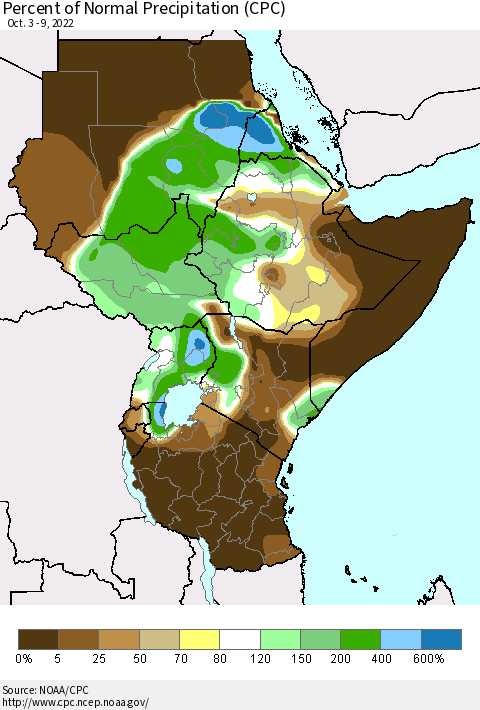 Eastern Africa Percent of Normal Precipitation (CPC) Thematic Map For 10/3/2022 - 10/9/2022