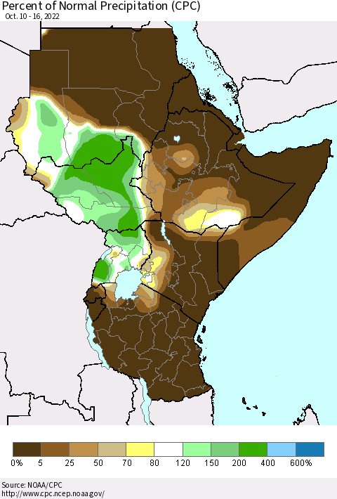 Eastern Africa Percent of Normal Precipitation (CPC) Thematic Map For 10/10/2022 - 10/16/2022