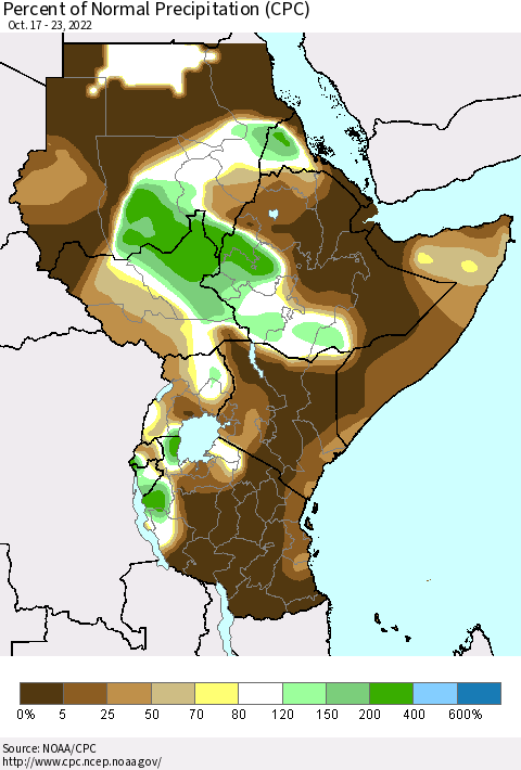 Eastern Africa Percent of Normal Precipitation (CPC) Thematic Map For 10/17/2022 - 10/23/2022