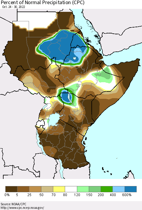 Eastern Africa Percent of Normal Precipitation (CPC) Thematic Map For 10/24/2022 - 10/30/2022