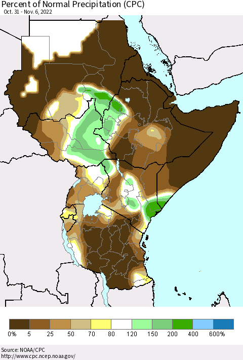 Eastern Africa Percent of Normal Precipitation (CPC) Thematic Map For 10/31/2022 - 11/6/2022