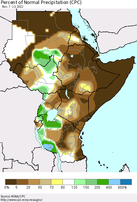 Eastern Africa Percent of Normal Precipitation (CPC) Thematic Map For 11/7/2022 - 11/13/2022