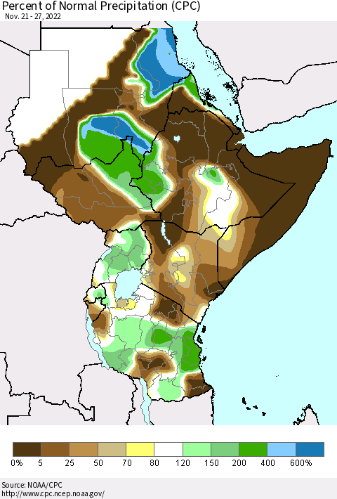 Eastern Africa Percent of Normal Precipitation (CPC) Thematic Map For 11/21/2022 - 11/27/2022