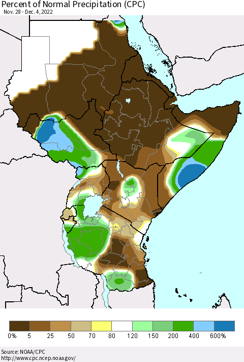 Eastern Africa Percent of Normal Precipitation (CPC) Thematic Map For 11/28/2022 - 12/4/2022