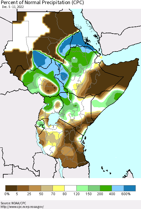 Eastern Africa Percent of Normal Precipitation (CPC) Thematic Map For 12/5/2022 - 12/11/2022