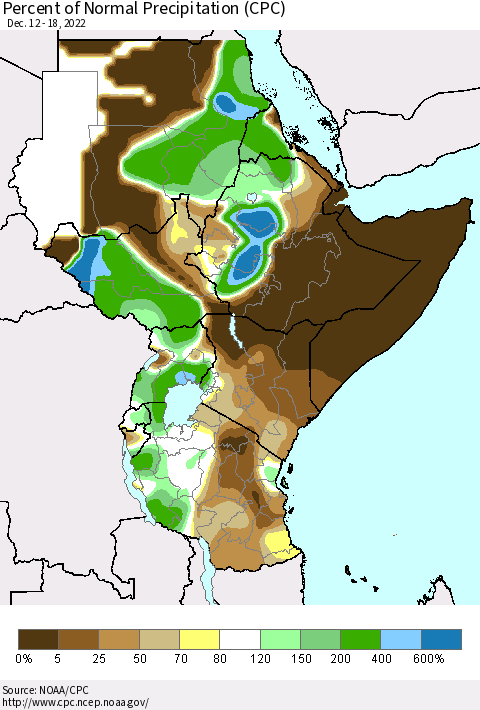 Eastern Africa Percent of Normal Precipitation (CPC) Thematic Map For 12/12/2022 - 12/18/2022