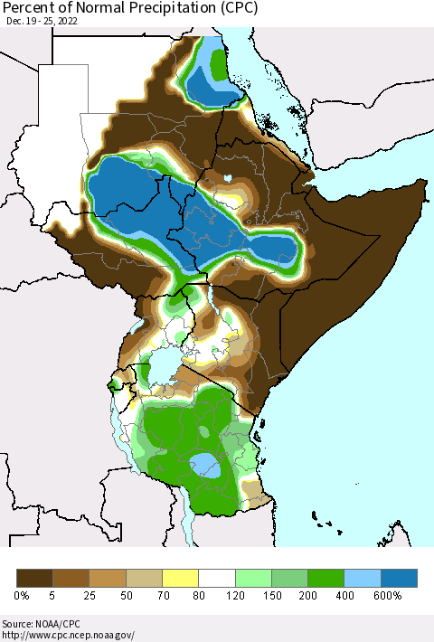 Eastern Africa Percent of Normal Precipitation (CPC) Thematic Map For 12/19/2022 - 12/25/2022
