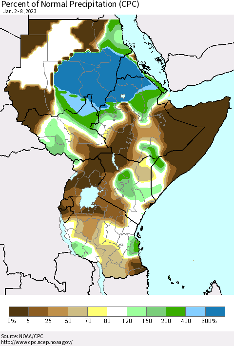 Eastern Africa Percent of Normal Precipitation (CPC) Thematic Map For 1/2/2023 - 1/8/2023