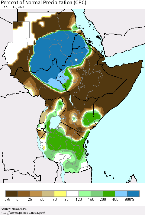 Eastern Africa Percent of Normal Precipitation (CPC) Thematic Map For 1/9/2023 - 1/15/2023