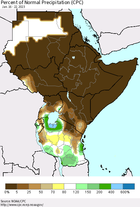 Eastern Africa Percent of Normal Precipitation (CPC) Thematic Map For 1/16/2023 - 1/22/2023