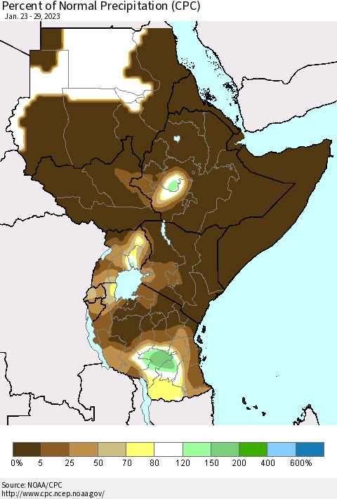 Eastern Africa Percent of Normal Precipitation (CPC) Thematic Map For 1/23/2023 - 1/29/2023