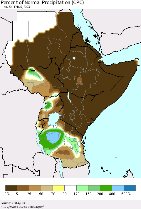 Eastern Africa Percent of Normal Precipitation (CPC) Thematic Map For 1/30/2023 - 2/5/2023