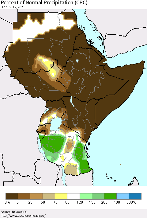 Eastern Africa Percent of Normal Precipitation (CPC) Thematic Map For 2/6/2023 - 2/12/2023