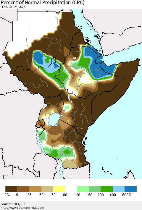 Eastern Africa Percent of Normal Precipitation (CPC) Thematic Map For 2/20/2023 - 2/26/2023