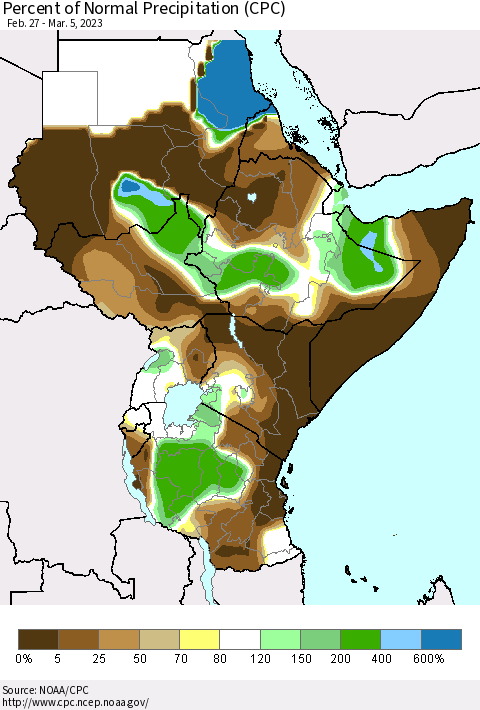 Eastern Africa Percent of Normal Precipitation (CPC) Thematic Map For 2/27/2023 - 3/5/2023