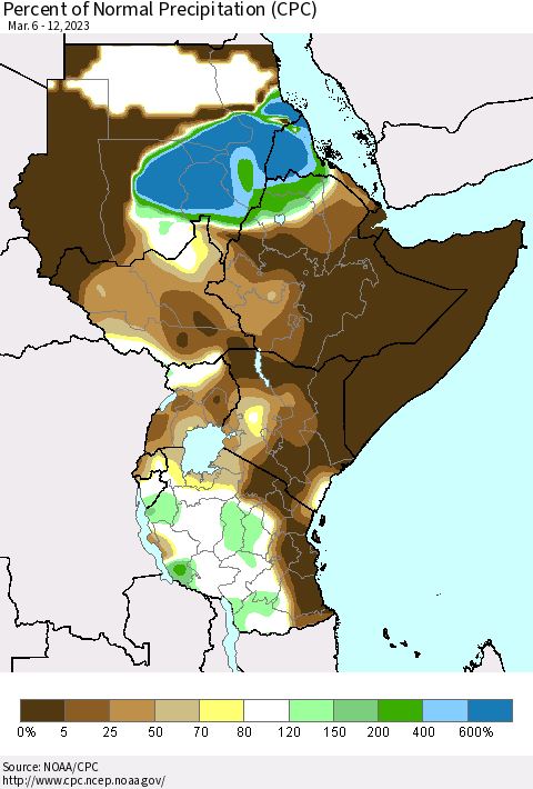 Eastern Africa Percent of Normal Precipitation (CPC) Thematic Map For 3/6/2023 - 3/12/2023
