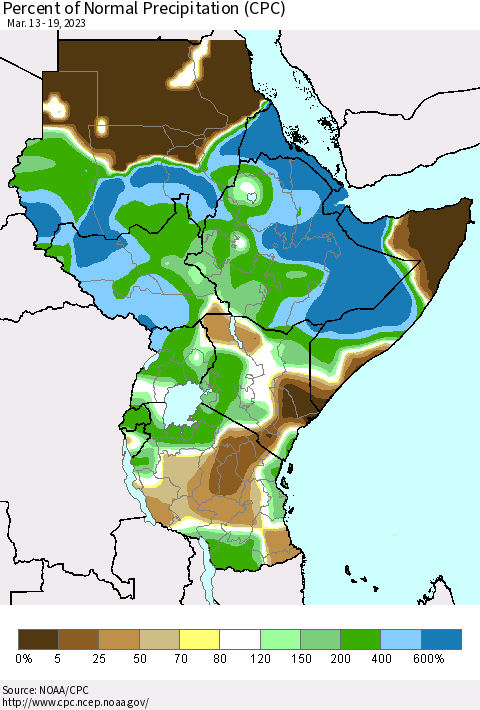 Eastern Africa Percent of Normal Precipitation (CPC) Thematic Map For 3/13/2023 - 3/19/2023