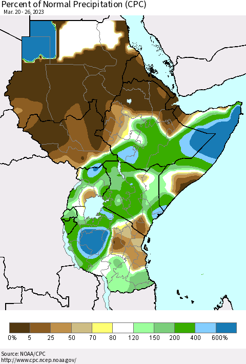 Eastern Africa Percent of Normal Precipitation (CPC) Thematic Map For 3/20/2023 - 3/26/2023