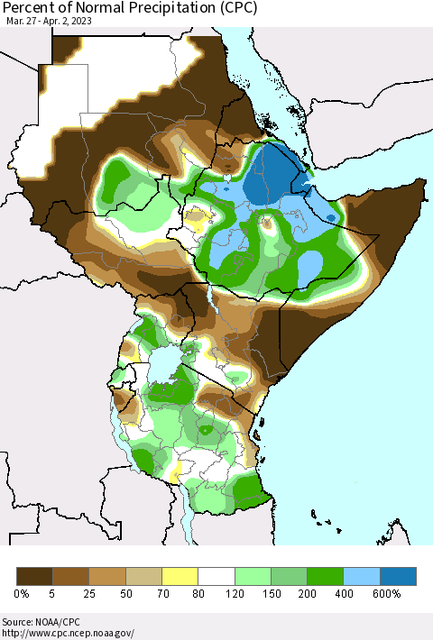 Eastern Africa Percent of Normal Precipitation (CPC) Thematic Map For 3/27/2023 - 4/2/2023
