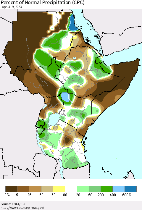 Eastern Africa Percent of Normal Precipitation (CPC) Thematic Map For 4/3/2023 - 4/9/2023