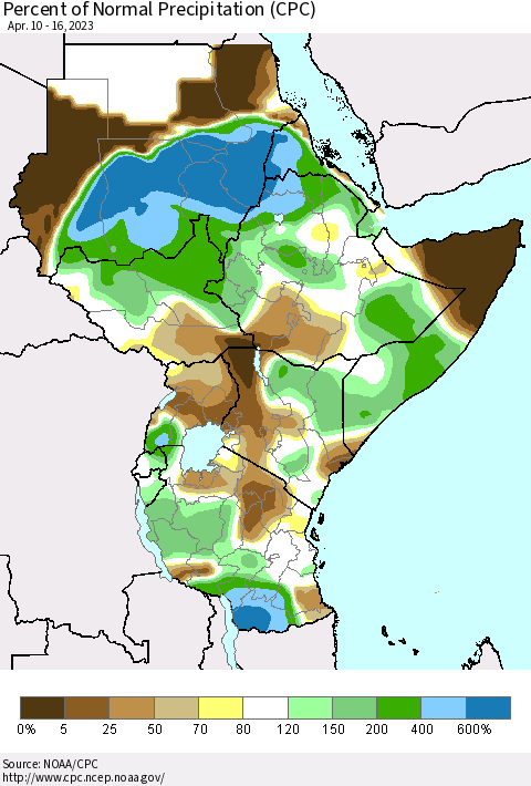 Eastern Africa Percent of Normal Precipitation (CPC) Thematic Map For 4/10/2023 - 4/16/2023