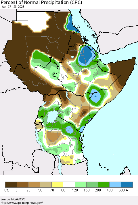 Eastern Africa Percent of Normal Precipitation (CPC) Thematic Map For 4/17/2023 - 4/23/2023